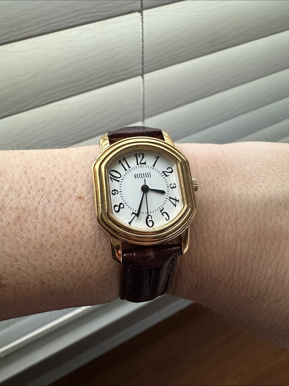 Vintage Ecclissi Gold Watch with Dark Brown Leather Strap